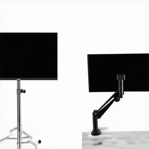 C-Stand vs Desk Arm Comparison A comparison between a monitor on a C-stand and a monitor on a standard desk arm showing the difference in footprint and mounting style.