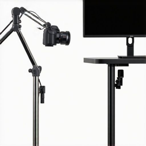C-Stand vs Desk Mount Comparison Comparison of a professional steel C-stand and a desk-mounted camera arm in a studio setting.
