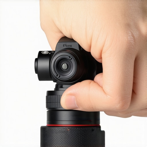 Close-up of a metal thumb grip installed on a mirrorless camera hot shoe.