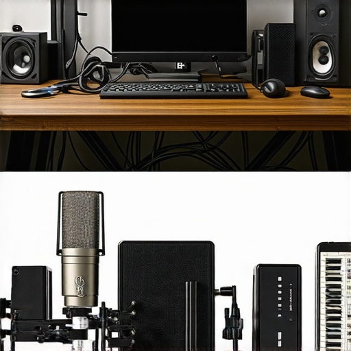 Cable Management Comparison for Studio Gear Comparison between messy studio cables and organized desk setup with a cable mount
