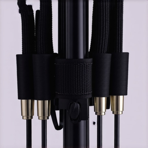 Cable Management Stress Test Close up of black cable straps securing thick video and audio cables to a metal tripod leg in a studio.