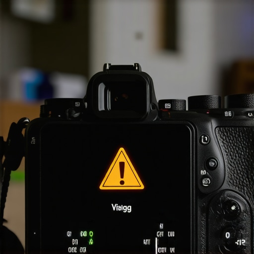 Close-up of a camera LCD screen displaying a high-temperature warning symbol during a video shoot.