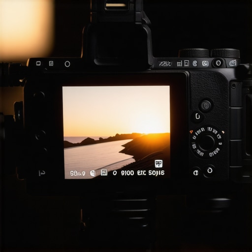 A mirrorless camera on a professional video rig showing internal system menu settings during a studio test.