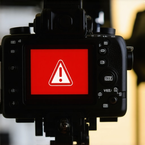 Close-up of a camera LCD screen displaying a heat warning icon during a studio session.