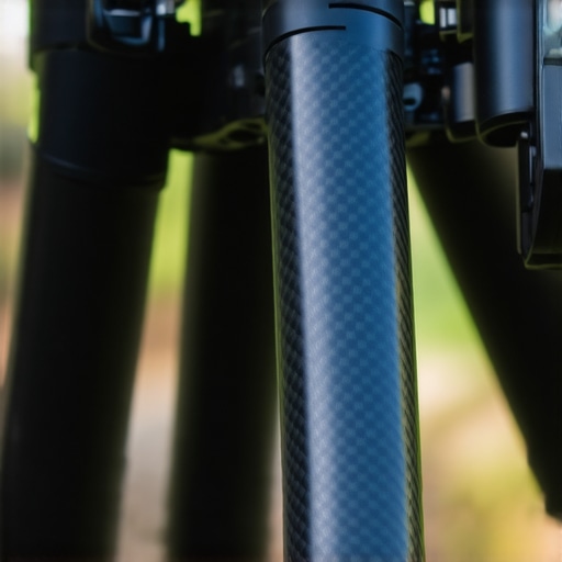 Close-up of a carbon fiber tripod leg segment and twist lock mechanism.
