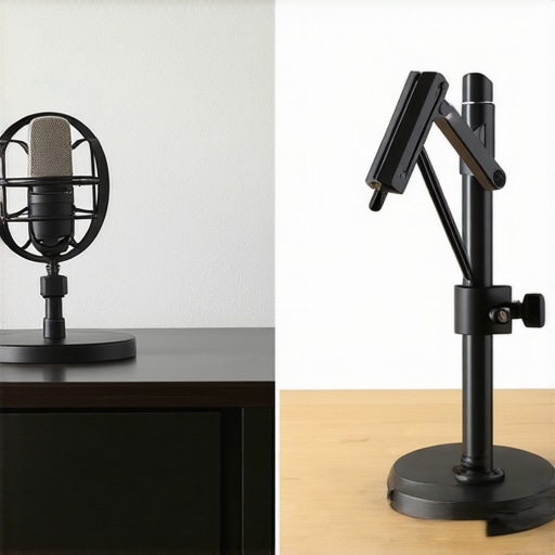 Cast-Iron Base vs Articulating Boom Arm Comparison Comparison between a heavy cast-iron desktop mic stand base and a desk-clamped articulating boom arm.