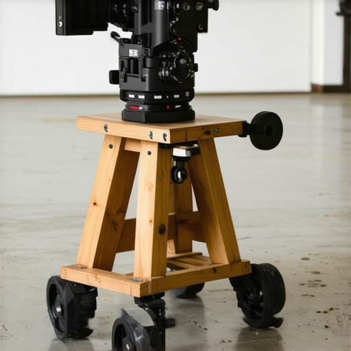 Close-up of a professional camera rig on a wooden furniture dolly used as a budget slider substitute.