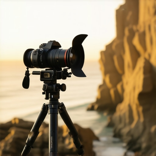 A heavy cinema camera setup being tested for stability on a travel tripod in high wind conditions.