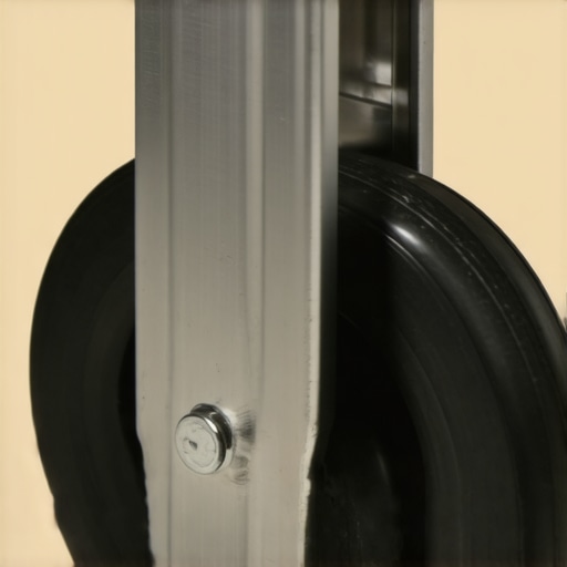 Detailed view of heavy-duty metal tripod casters with rubberized wheels and locking mechanism.