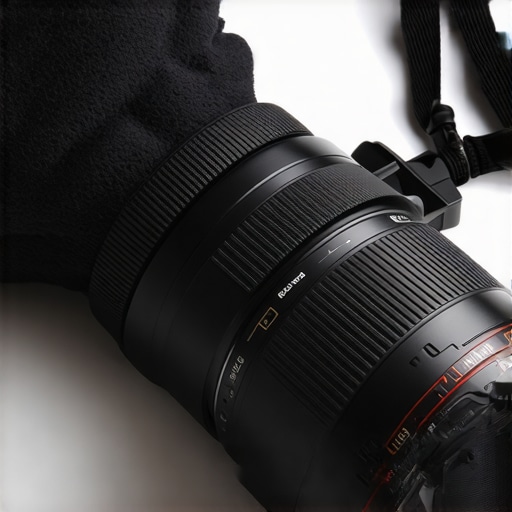 Close-up of a USB lens heater wrapped around a camera lens A black USB-powered lens warmer strip wrapped around a DSLR lens to prevent condensation and fogging.