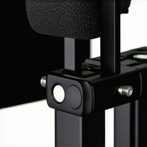 A detailed view of the mounting threads and cold shoe mounts on a metal mobile filmmaking cage.