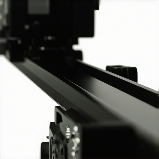 Close-up of industrial camera rail carriage A detailed view of a wall-mounted studio rail system showing the carriage and bearing mechanism.