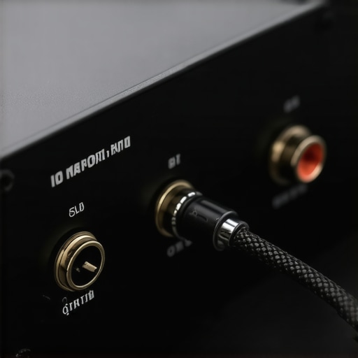 A close-up view of the rear ports of a metal passive audio switcher with a high-quality 3.5mm cable connected.