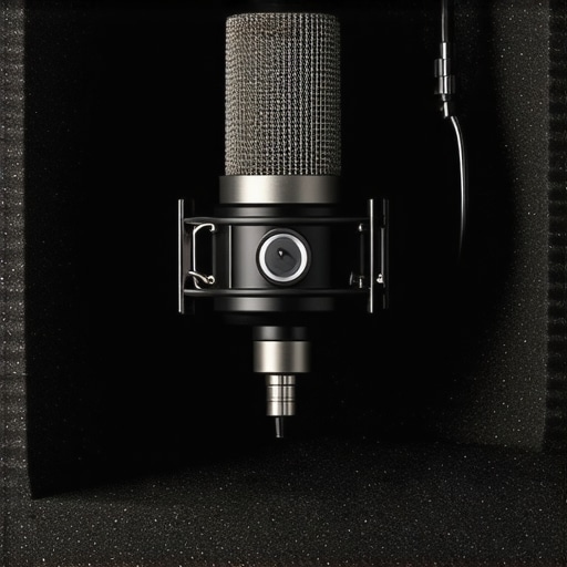 High-density foam mic cube mounted on a boom arm for home studio recording.