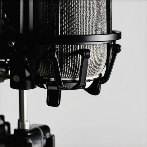Close-up of microphone shock mount suspension A microphone suspended in an elastic shock mount to prevent desk vibrations.