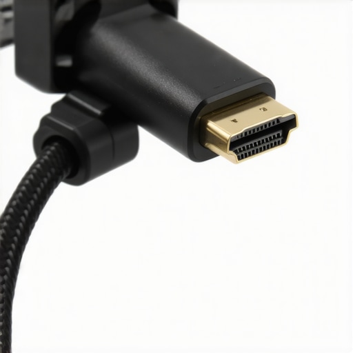 A professional aluminum HDMI cable clamp secured to a camera rig, showing the thumb screw mechanism.