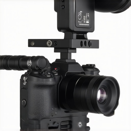 A black metal cold shoe extension bar mounted on a camera with a microphone and receiver attached.