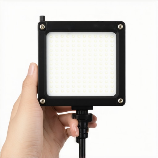 A person holding a small professional LED light panel showing the adjustment wheels and build quality.