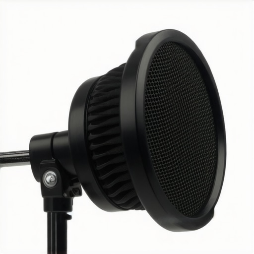 Close-up of a budget-friendly pop filter on a microphone boom arm showing build quality.