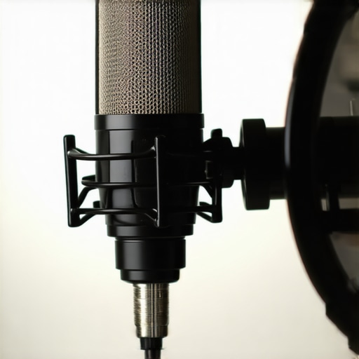 A compact pop filter mounted on a small microphone during a studio session