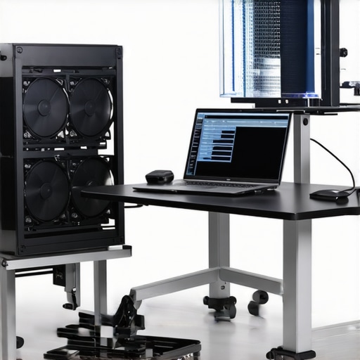 Comparing Desktop Workstations and Laptop Creator Rigs A side-by-side comparison of a quiet desktop PC and a laptop on a cooling stand in a professional creator studio.