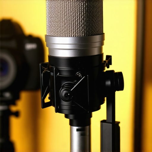 Close-up of a metal adapter connecting a microphone to a heavy-duty studio stand.