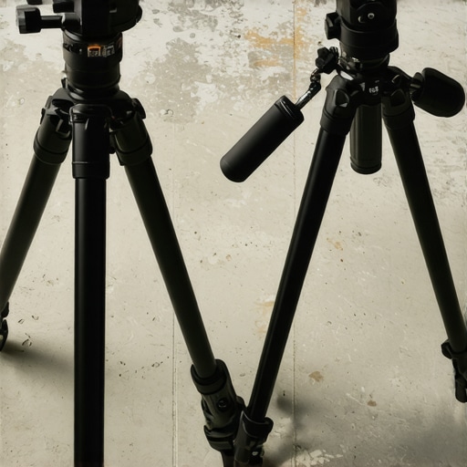 A travel tripod next to a heavy studio video tripod