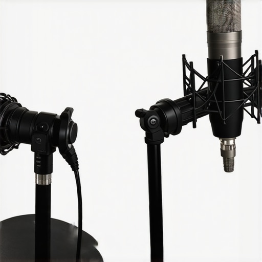A split screen showing a desktop microphone stand vs a low profile boom arm in a creator studio.
