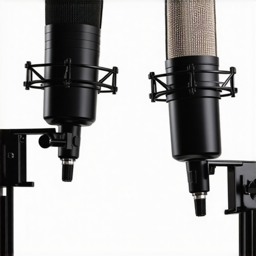 Comparing the Shure SM7B and Rode Procaster Side-by-side view of Shure SM7B and Rode Procaster microphones on boom arms