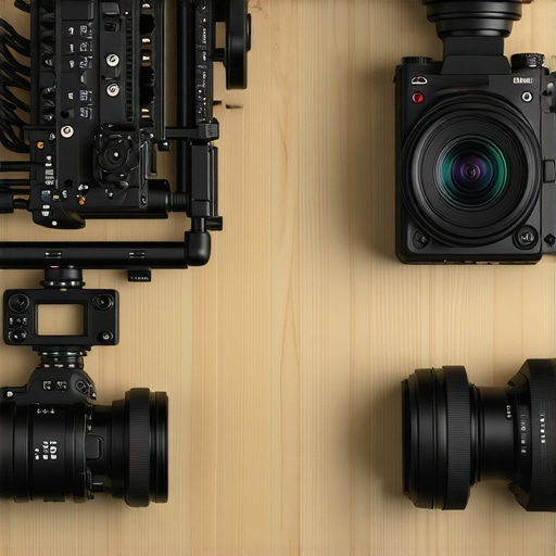 A side-by-side shot comparing a heavily rigged mirrorless camera setup to a clean, dedicated cinema camera.