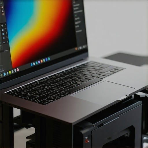 Creator Laptop Performance Under Load A professional laptop setup being stress tested with video editing software on an aluminum stand.