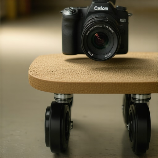 A cinema camera rigged on a DIY furniture dolly