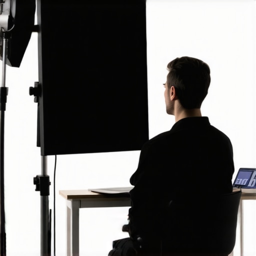 A black foam board mounted on a light stand to create negative fill in a home office studio.