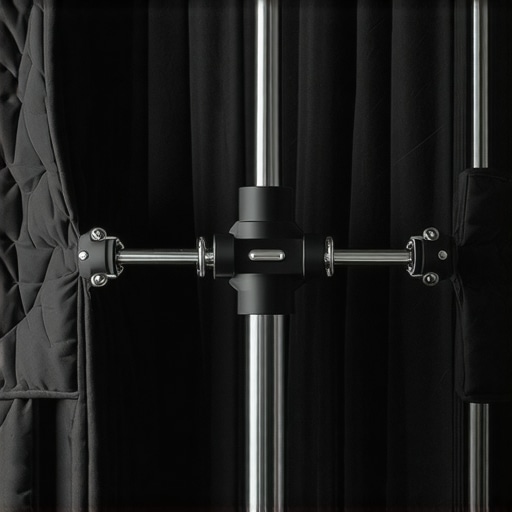 A thick grey moving blanket clamped to a metal light stand to create a portable acoustic booth.