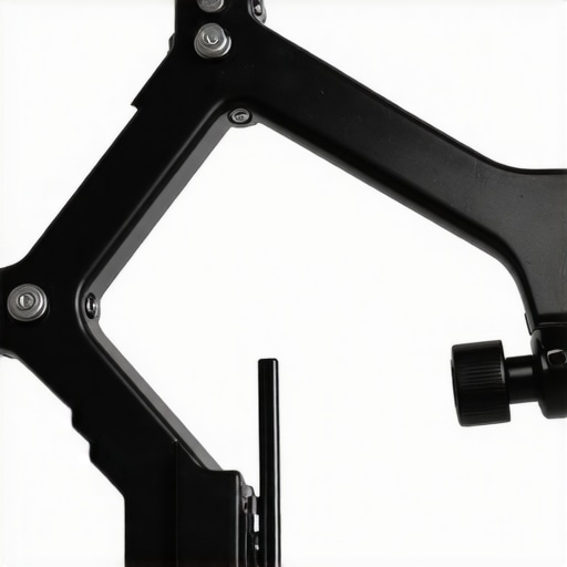 Desk Mount Joint Detail Close-up of the adjustable joint and tension knob on a black metal camera boom arm.