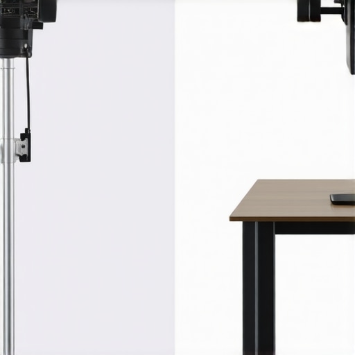 Desk Mount vs Traditional C-Stand Comparison Comparison between a bulky floor-standing C-stand and a space-saving desk-mounted studio rig.