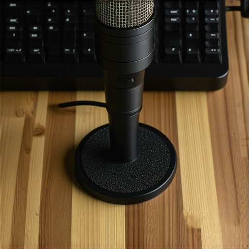 Desktop Cast Iron Mic Base Stress Test A heavy cast-iron microphone base on a wooden desk next to a keyboard during a vibration test.