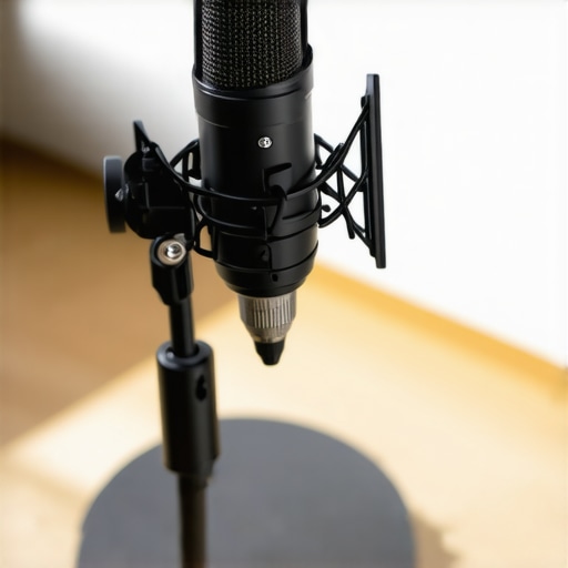 A professional microphone mounted on a heavy metal desktop base with cable management.