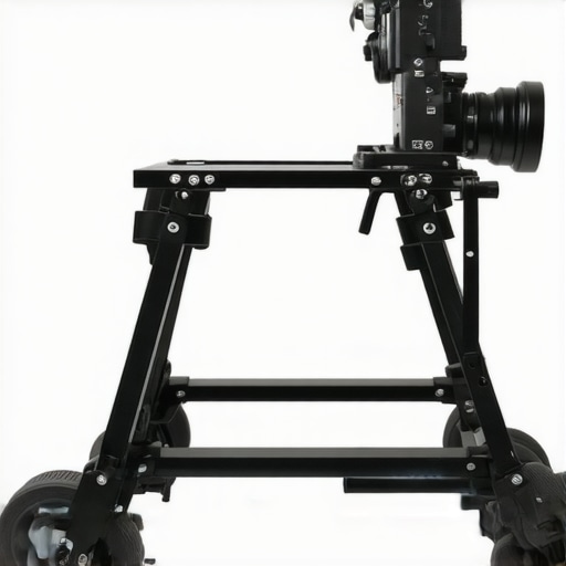 A DIY rolling camera rig made from a black utility cart with professional video gear attached.