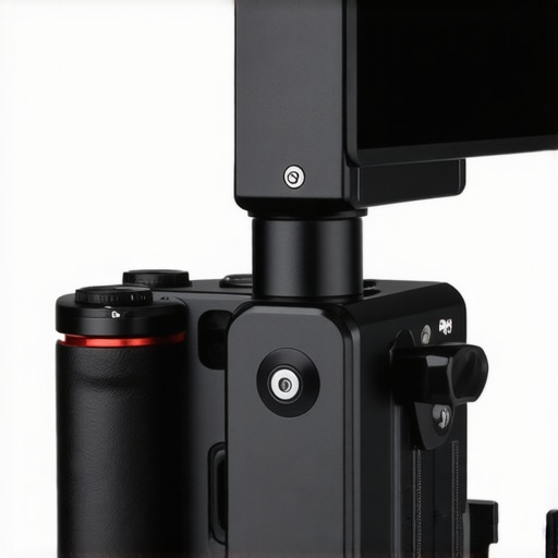 Macro view of aluminum camera cage showing accessory mounting threads and matte finish.