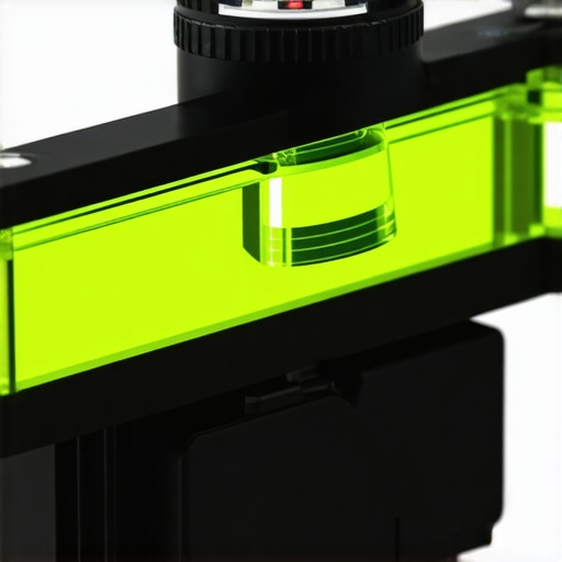 Detailed View of a 3-Axis Hot-Shoe Spirit Level A macro photo of a clear acrylic triple-axis spirit level attached to a camera hot shoe showing the alignment bubbles.