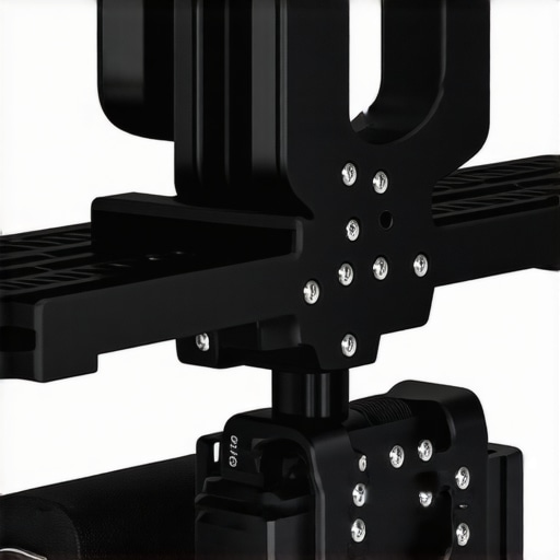 Close up of a professional V-mount battery plate showing the metal construction and mounting threads on a cinema camera rig.