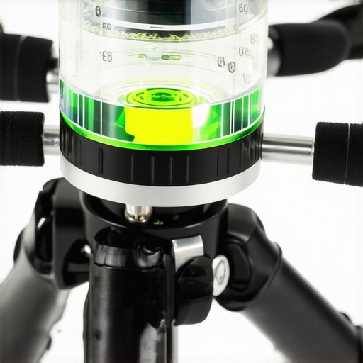 Close-up of a green bubble spirit level mounted on a camera tripod base