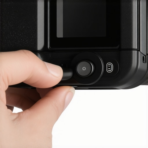 A close-up view showing how to thread a dummy battery cable through a camera's battery door grommet for continuous power.