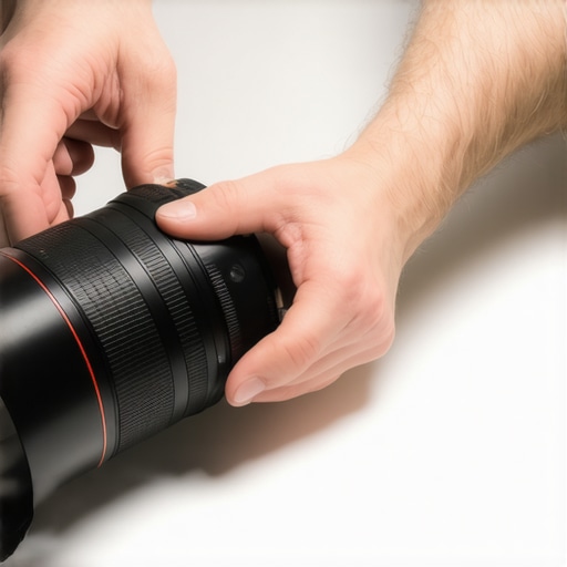 Close-up of a 5mm neoprene wrap being secured around a professional zoom lens during a shoot.