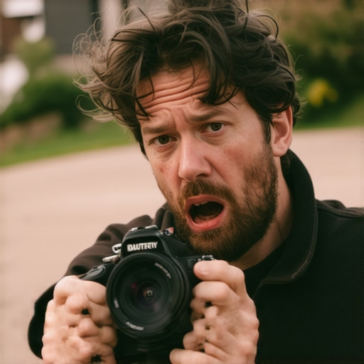 A filmmaker checking a camera with a low battery warning during an outdoor shoot.