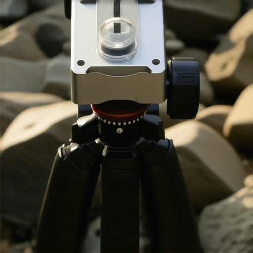 Close-up of a circular leveling base on a tripod in a rocky outdoor setting