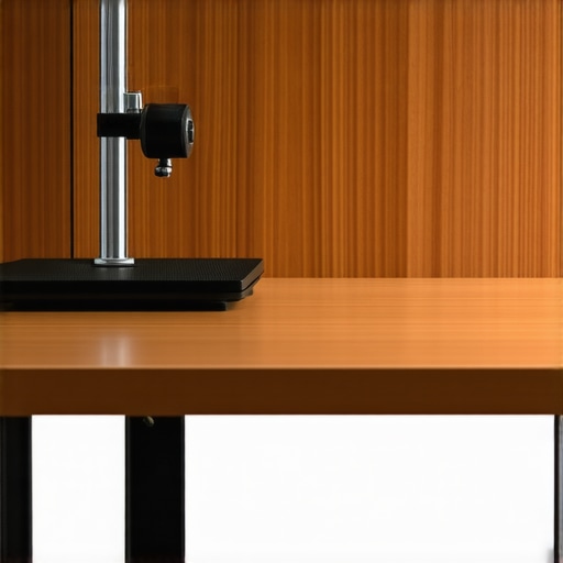 Gator Frameworks Clamp Stress Test Close up of a heavy duty Gator Frameworks desk clamp holding a microphone boom arm on a wooden desk.
