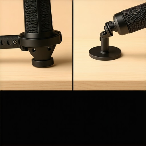 Gator Frameworks vs Standard Desk Clamp Comparison Comparison between a standard microphone clamp and the Gator Frameworks heavy-duty mount showing size and thickness differences