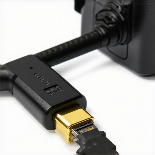 HDMI Port Saver Adapter Installation Close-up of a flexible HDMI pigtail adapter connected to a mirrorless camera
